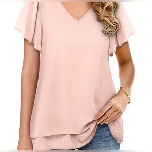 Pink V-Neck Chiffon Flyaway Flutter Sleeve Top Pink New With Tag XL